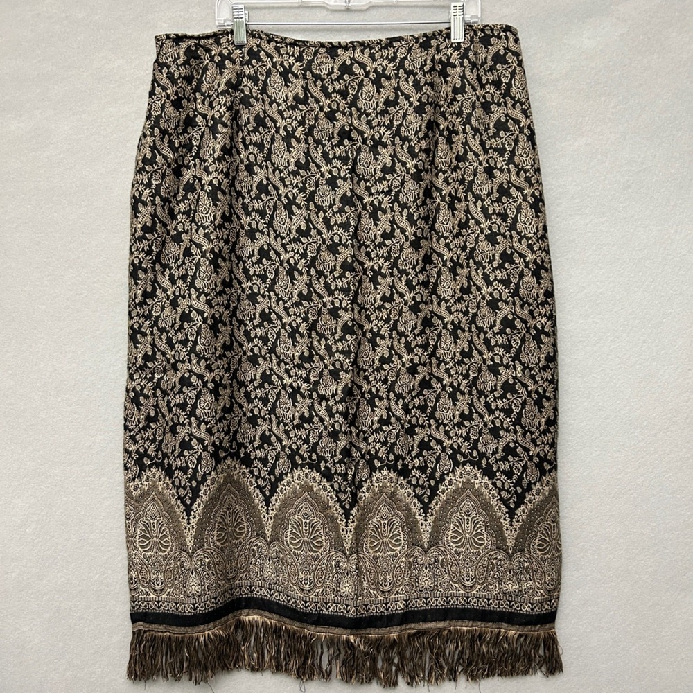 Cato Womens 20W Tapestry Skirt Black Tan Floral Vintage Fringe Midi
